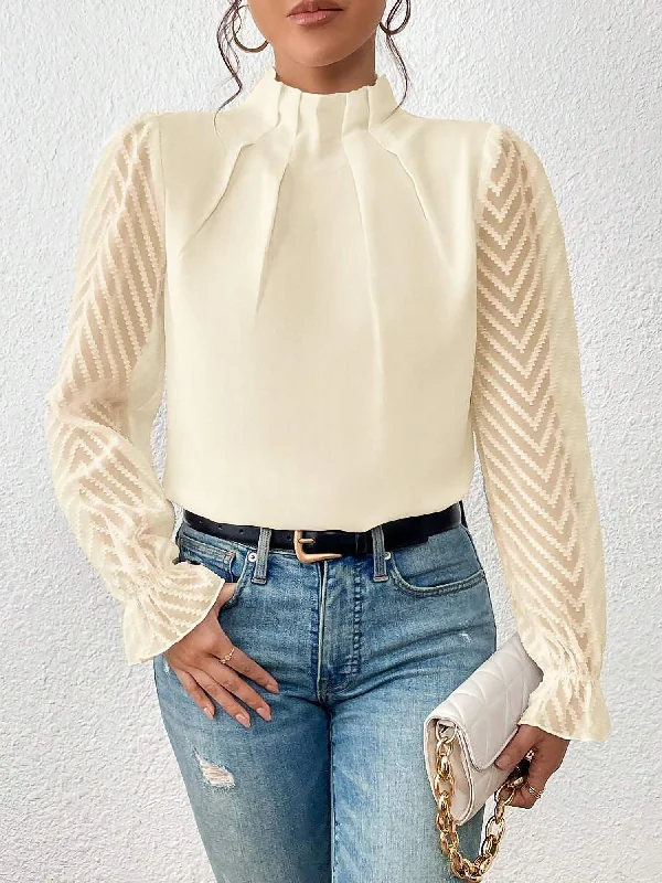 Mock Neck Sheer Long Sleeves Pleated Blouse Soft Pastel Blouse