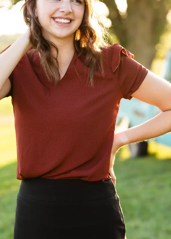 Rust Dotted Flutter Sleeve Blouse - FINAL SALE Drape Neck Blouse