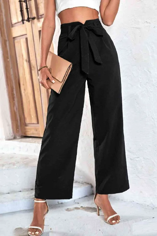 Belted High-Rise Wide Leg Pants Cozy Knit Pants