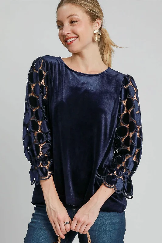 Umgee Polka Dot Lace Long Sleeve Round Neck Blouse In Navy Chic Square Blouse