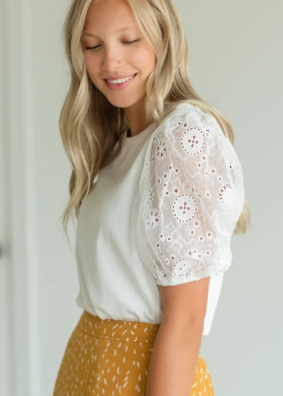 Ivory Lace Puff Sleeve Blouse Airy Cotton Blouse