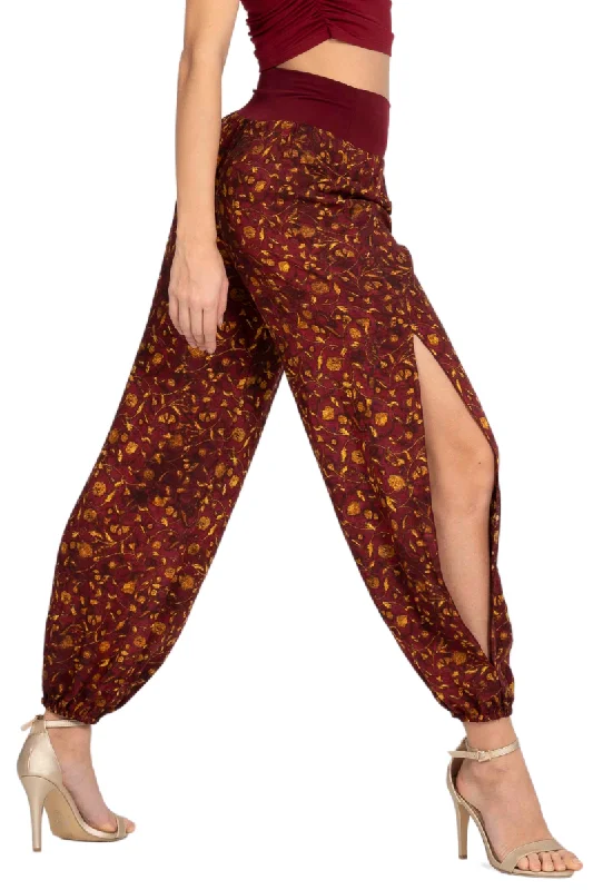 Burgundy Vintage Floral Print Gathered Tango Pants Casual Skinny Fit Pants