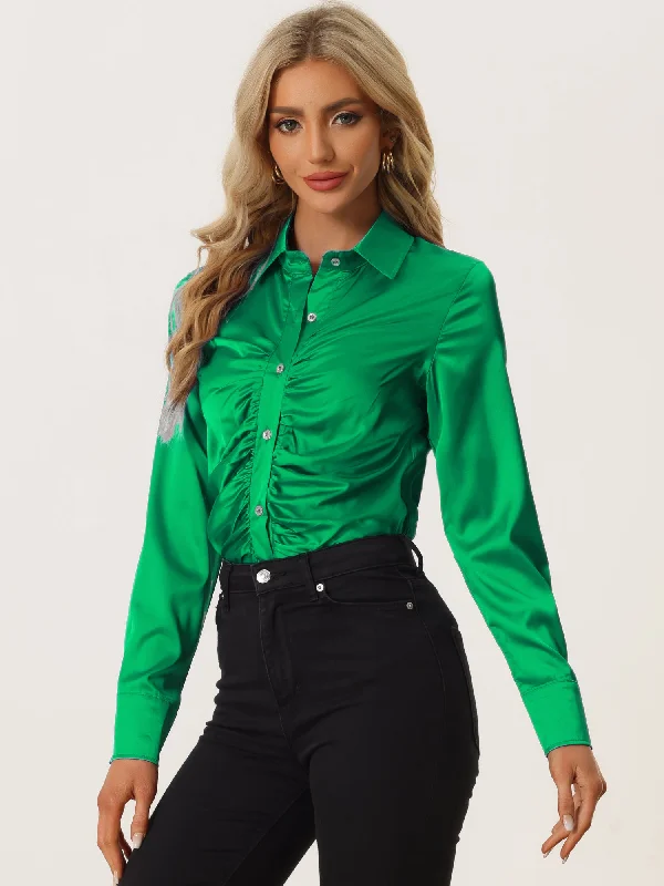 Women's Satin Blouse Long Sleeve Point Collar Fashion Button Up Shirt Stretchy Fitted Blouse