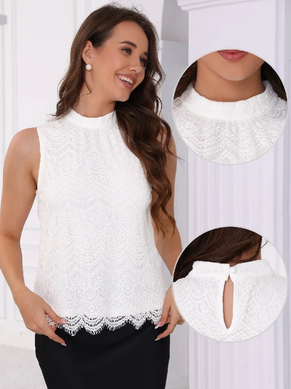 Lace Sleeveless Mock Neck Dressy Casual Blouse Feminine Tie Blouse