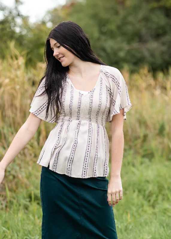 Aztec Print V-Neck Smocking Peplum Blouse Top - FINAL SALE Sheer Mesh Blouse