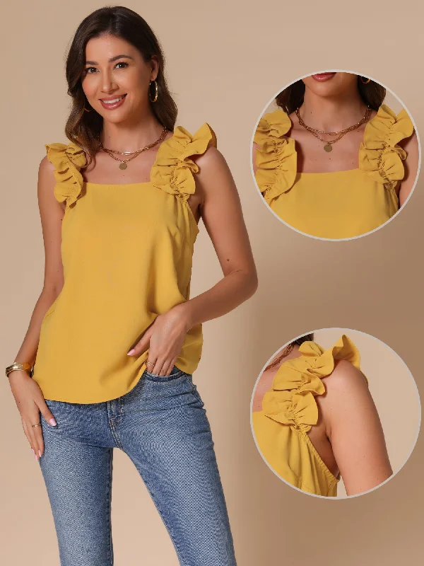 Sleeveless Ruffle Trim Square Neck Solid Casual Blouse Casual Relaxed Fit Blouse