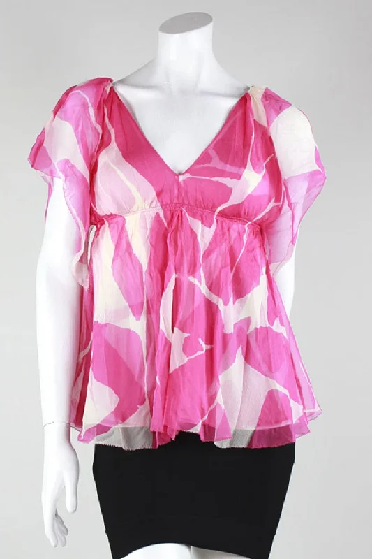 Diane Von Furstenberg Short Sleeve Pink And White Blouse V-Neck Front And V Back Size 0 Classic White Blouse