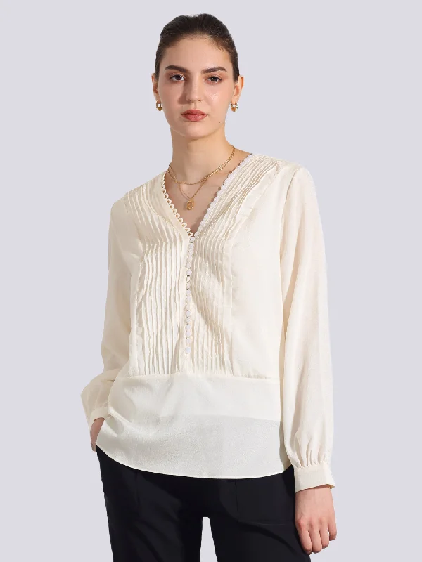 V Neck Pleated Button Front Long Sleeve Work Blouse Casual Relaxed Fit Blouse