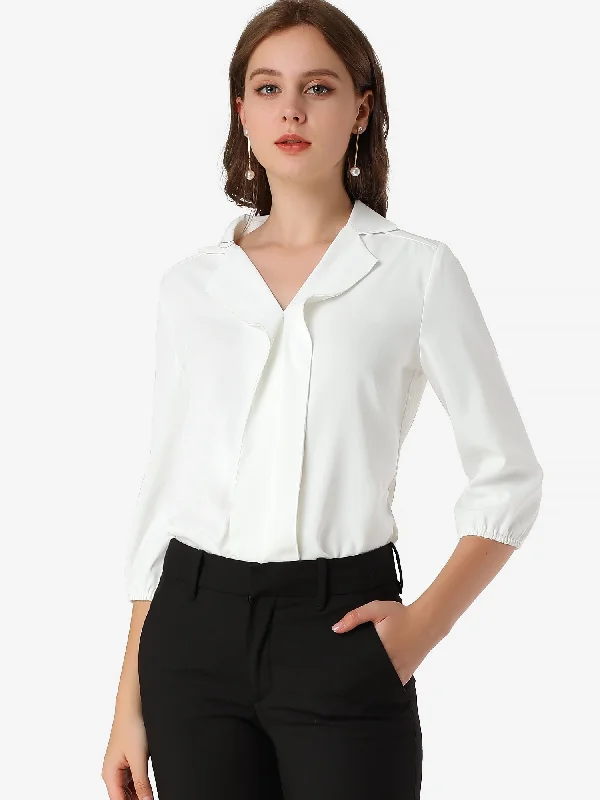 V Neck 3/4 Sleeve Collared Work Office Top Blouse Double Button Blouse