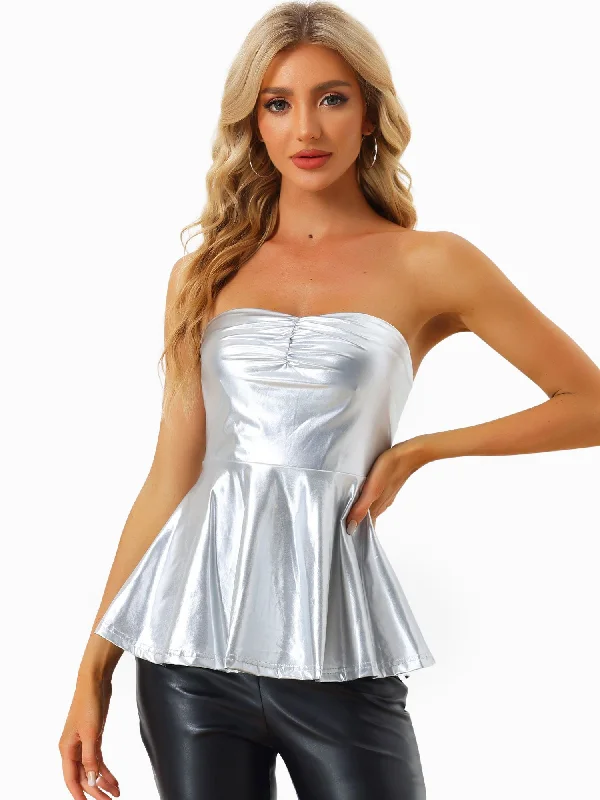 Strapless Tube Top Shiny Metallic Party Clubwear Peplum Blouse Classic White Blouse