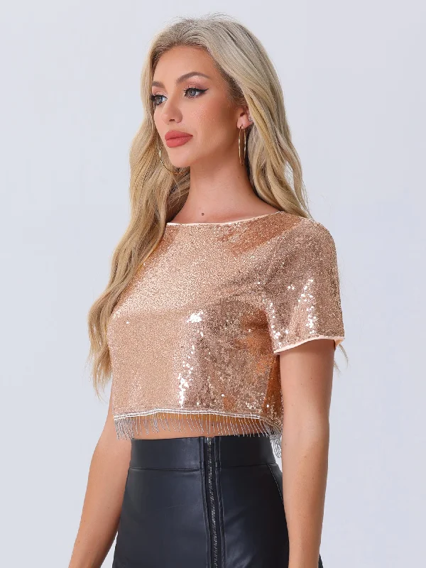 Sequin Glitter Short Sleeve Tassel Cropped Blouse Oversized Silk Blouse