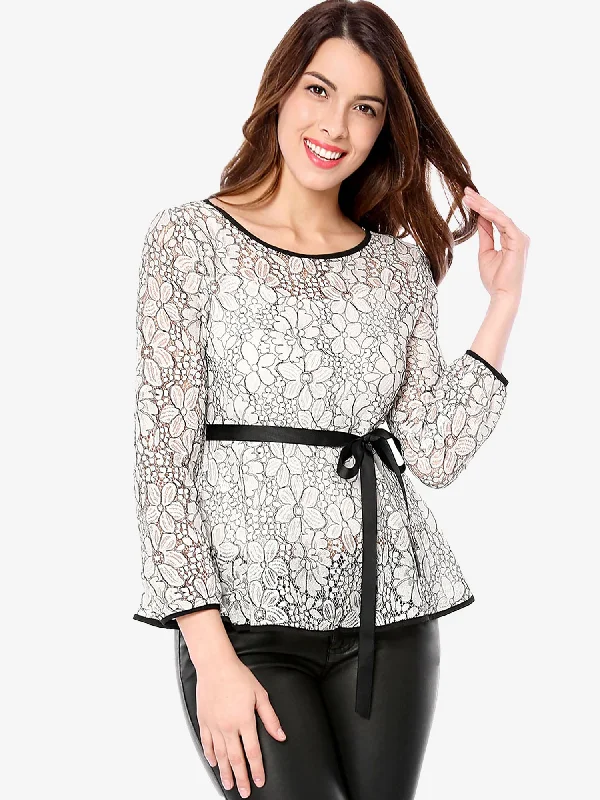 Elegant Tie Waist Long Sleeve Top Lace Peplum Blouses Romantic Lace Blouse