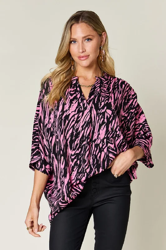 Double Take Full Size Printed Notched Three-Quarter Sleeve Blouse Loose Oversized Blouse