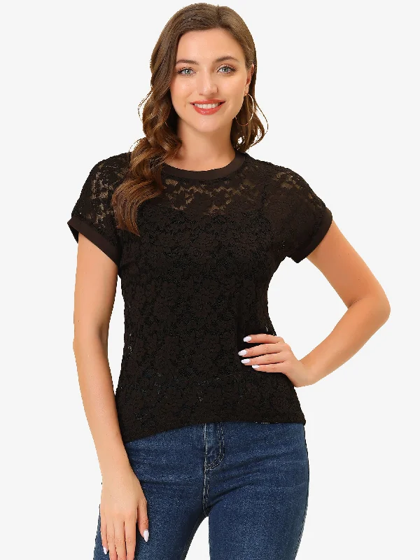 Lace Floral Curved Hem Short Sleeve See Through Blouse Everyday Stylish Blouse