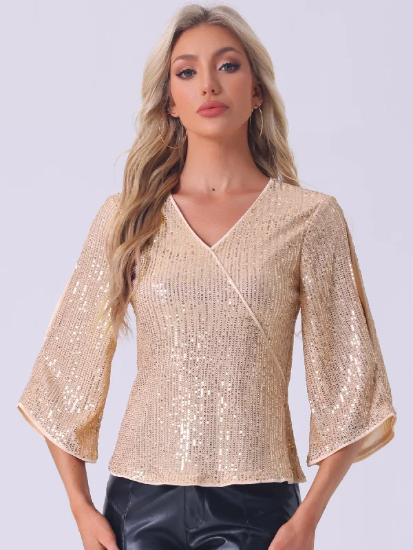 Sequin Cut-Out 3/4 Sleeve V Neck Sparkly Blouse Vintage Polka Blouse