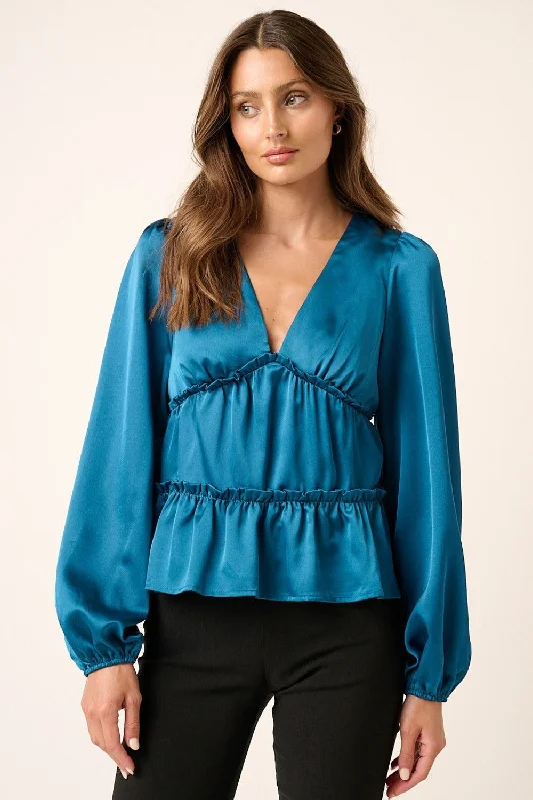 Mittoshop Satin V Neck Ruffled Tier Blouse In Teal Elegant Peplum Blouse