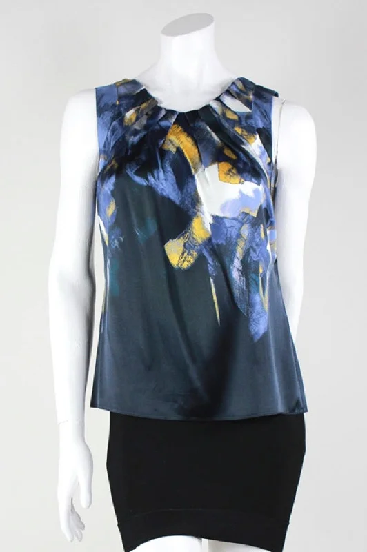 Elie Tahari Blue And Yellow Abstract Print Sleeveless Blouse With Pleated V-Neckline Size's P Loose Fit Blouse