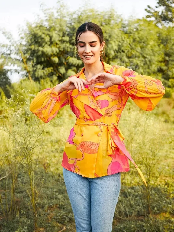 Double breasted Sheer blouse in Yellow Print Mandarin Collar Blouse