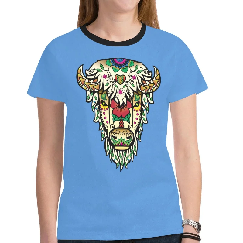 Buffalo Spirit Guide (Blue) T-shirt for Women Cashmere Blend Cotton Blend Poly Blend