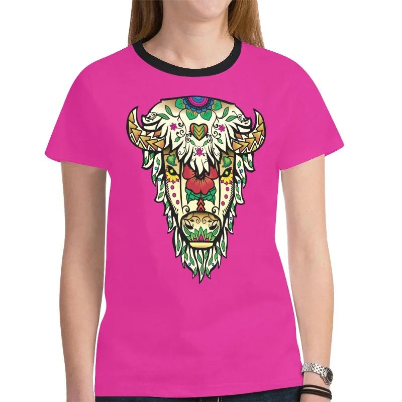 Buffalo Spirit Guide (Pink) T-shirt for Women Rayon Fabric Velvet Fabric Corduroy Fabric