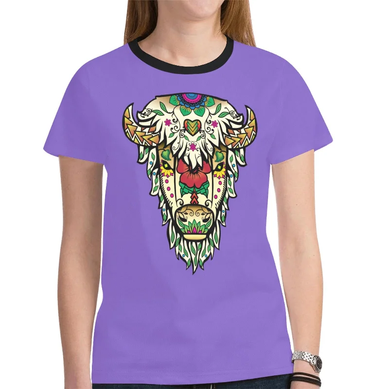 Buffalo Spirit Guide (Purple) T-shirt for Women Wool Fabric Cashmere Fabric Tweed Fabric