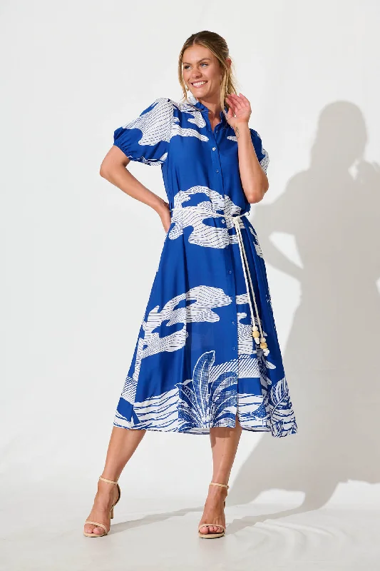 Dearest Midi Shirt Dress in Blue with White Print Notch Collar Peter Pan Collar Cowl Neck Dearest Midi Shirt Dress in Blue with White Print Notch Collar Peter Pan Collar Cowl Neck
