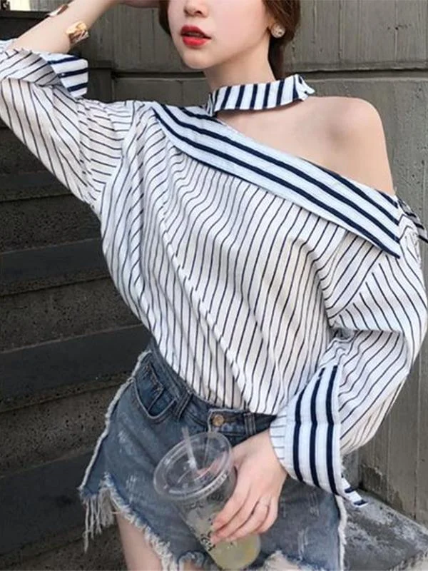 hoombox Fashion Off-Shoulder Striped Halter Loose Shirt Zippered Front Buttoned Front Snap Front