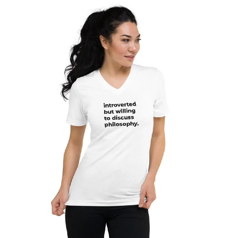 introverted but willing to discuss philosophy. - Unisex V-Neck T-Shirt V-Neck T-Shirt Long Sleeve Cotton