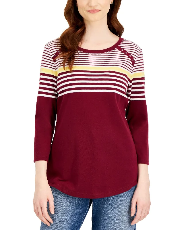 Karen Scott Womens Lady Stripe T-Shirt Terry Blend Velvet Blend Canvas Blend