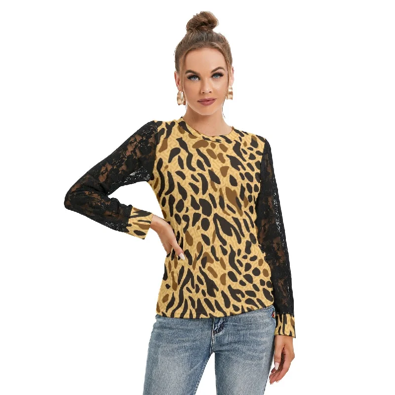 Leopard Print T-shirt with Black Lace Sleeves Machine Wash Dry Clean Hand Wash