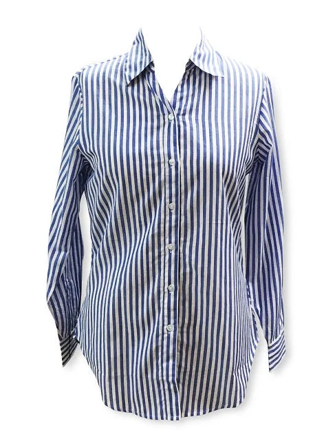 Ladies Long Sleeve, Cotton, Blue and White stripe, 3 button back shirt. Style# 4306 Boxy Fit Fitted Loose