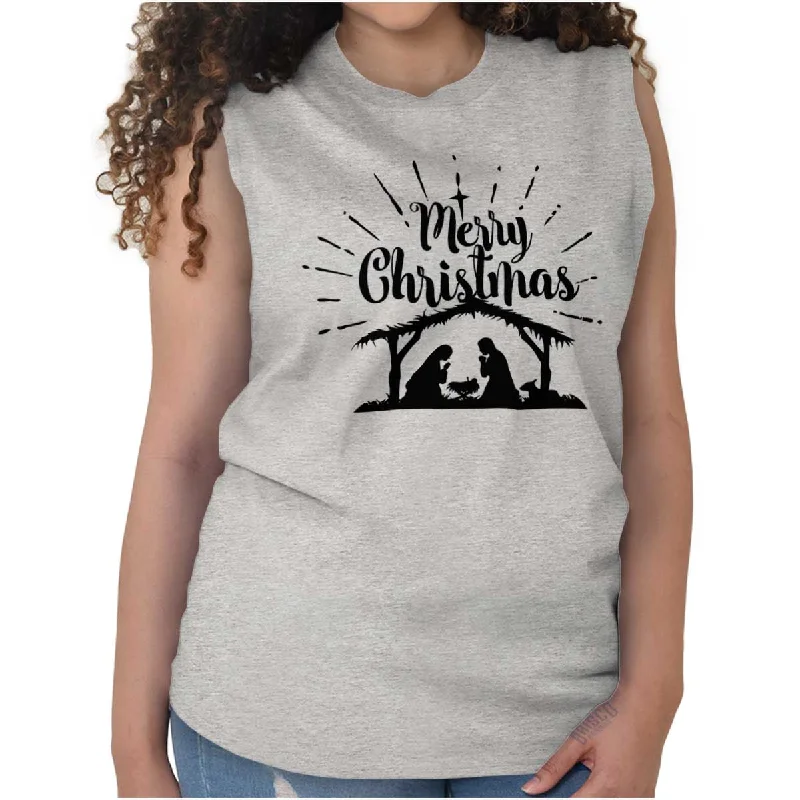 Nativity Scene Merry Christmas Sleeveless T-Shirt Notch Collar Peter Pan Collar Cowl Neck