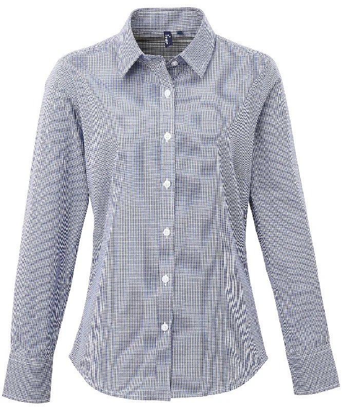 Navy/White - Women's Microcheck (Gingham) long sleeve cotton shirt Ribbed Striped Patterned