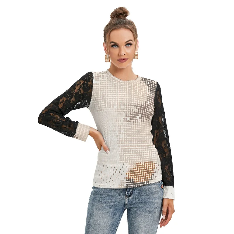 Night out T-shirt with Black Lace Sleeves Hooded Caped Shawl Collar