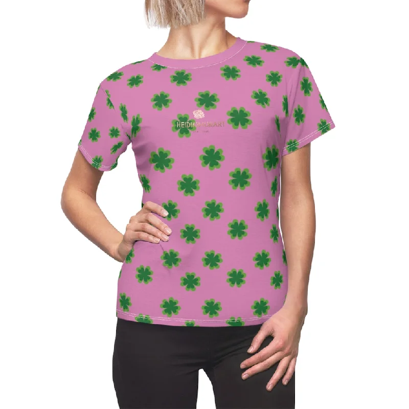 Pink Green Clover Print St. Patrick's Day Women's Premium Crewneck Tee- Made in USA Knit Fabric Woven Fabric Fleece Fabric