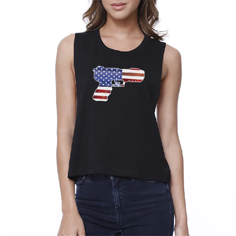 Pistol American Flag Womens Black Crop Tee Gifts For Gun Supporters Graphic Embroidered Appliqued