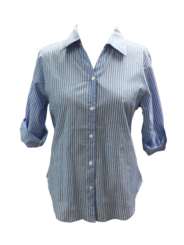 Ladies Roll Tab Sleeve, Cotton chambray blue stripe shirt. Style# 6180 Collared T-Shirt Boat Neck A-Line