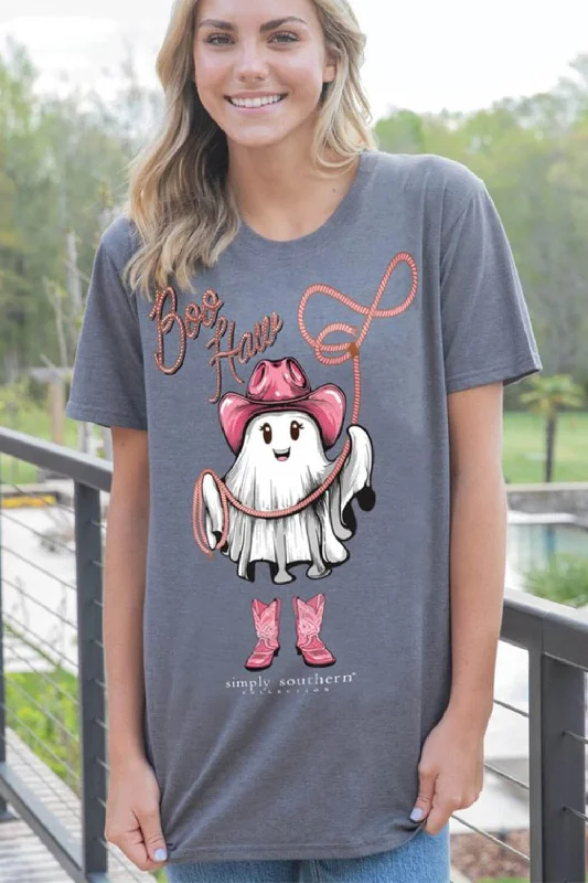 Simply Southern Boo Haw Ghost T-Shirt for Women in Iron Heather | SS-BOOHAW-IRONHTHR Satin Blend Silk Blend Wool Blend