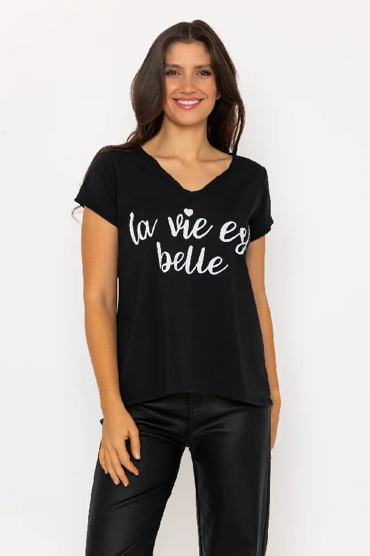 Slogan Print Black V-Neck T-Shirt Cozy Warm Stylish