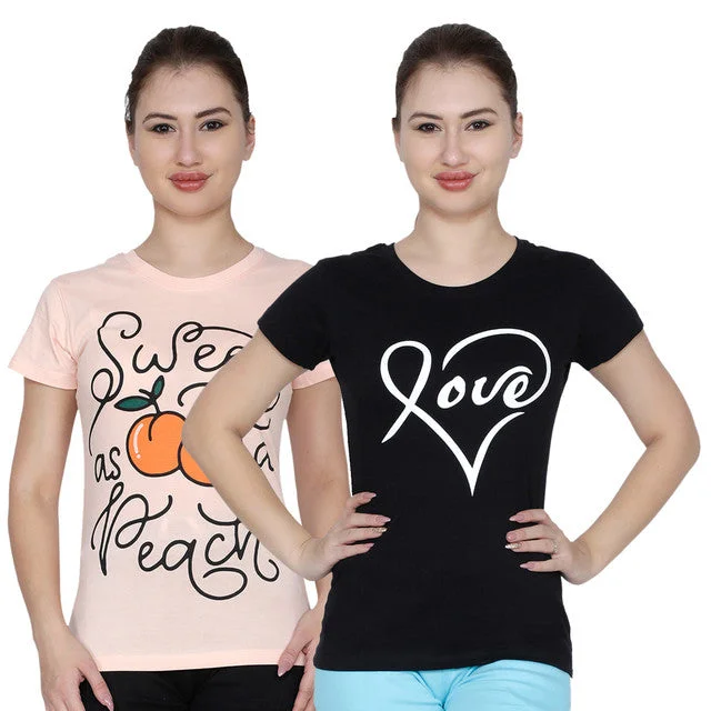 T.T. Women Printed Slim Fit Tshirt Pack Of 2 Black::Peach Hooded Caped Shawl Collar