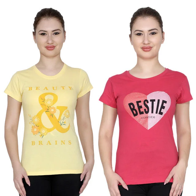 T.T. Women Printed Slim Fit Tshirt Pack Of 2 Fuschia::Yellow Cotton Fabric Linen Fabric Terry Fabric