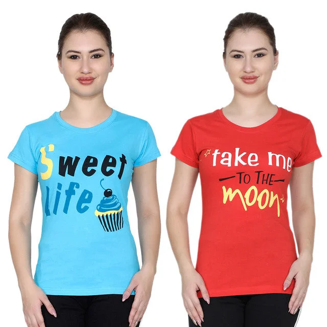 T.T. Women Printed Slim Fit Tshirt Pack Of 2 Sky::Red Sequined Glittery Shiny