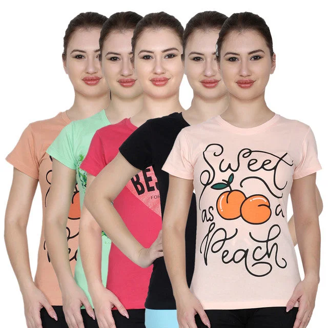 T.T. Women Printed Slim Fit Tshirt Pack Of 5 Assorted Chenille Brocade Lace