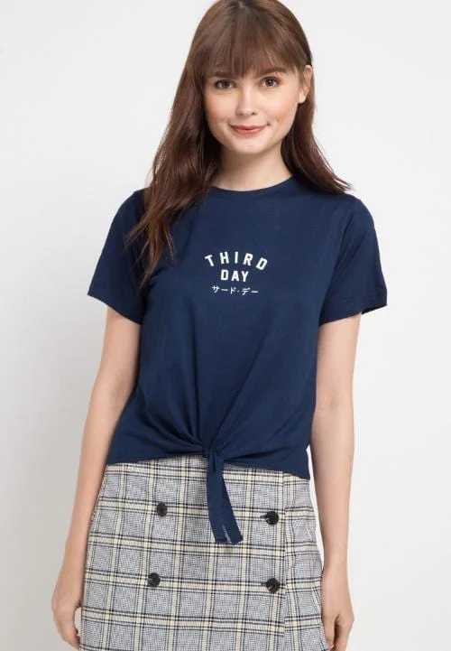 Third Day LTB14E CK crop knot tdsimple nv T-shirt Navy Satin Fabric Silk Fabric Chiffon Fabric