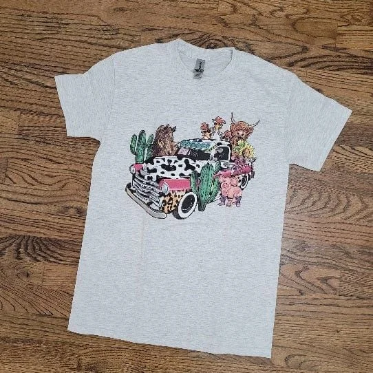 Truck farm animals tee Graphic T-Shirt Round Neck Polyester