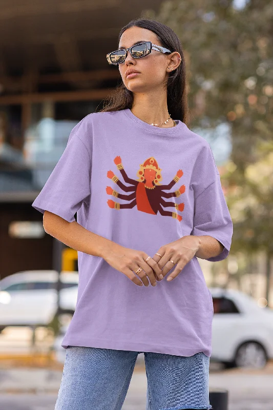 Women Oversized Lavender T-shirt Durga Idol Houndstooth Herringbone Solid