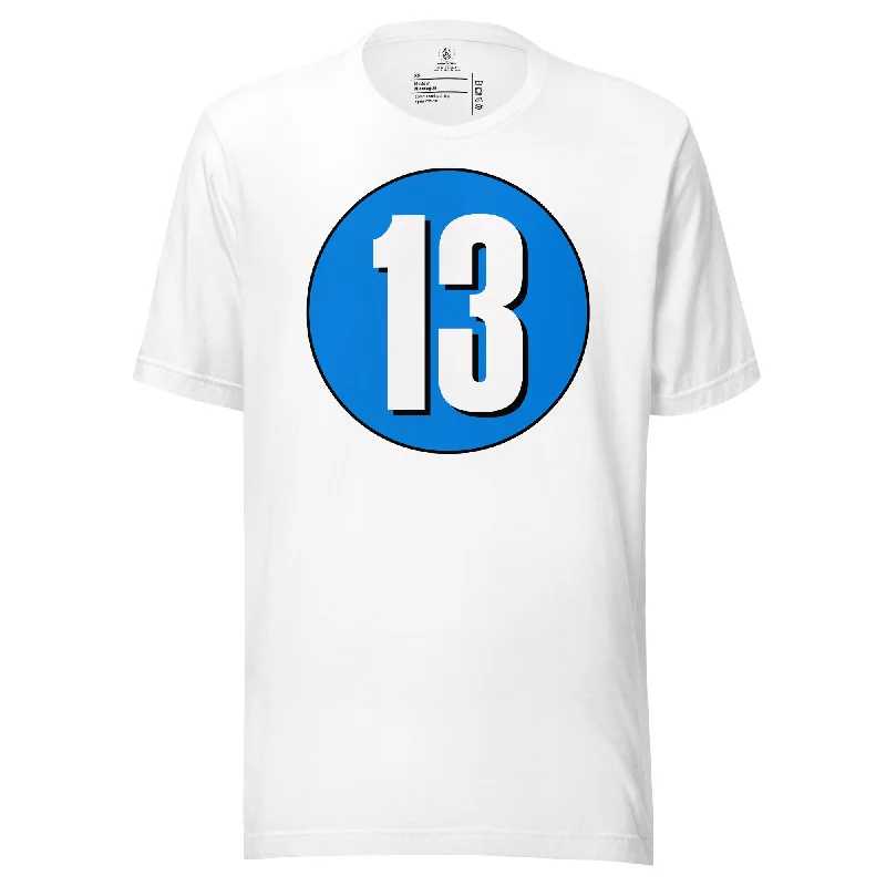 Unisex t-shirt: White on Blue 13 Fashionable Trendy Casual