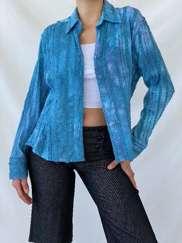 Vintage Tie-Dye Women’s Button Up Blue Sequin Cotton Shirt - M Nylon Fabric Polyester Fabric Spandex Fabric