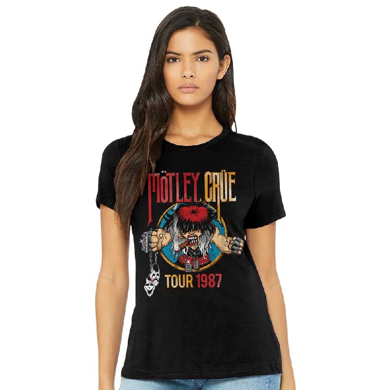 Women Exclusive MOTLEY CRUE Eye-Catching T-Shirt, Tour 1987 Collared T-Shirt Boat Neck A-Line