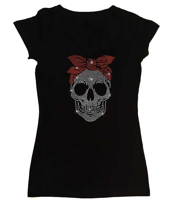 Women's Rhinestone Fitted Shirt Girl Skull w Red Bandana Collared Crew Neck Turtle Neck